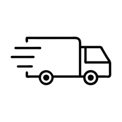 Simple delivery van icon with motion lines, Black and white outline of a delivery van with motion lines, representing fast shipping, transportation, and logistics services.
