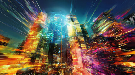 Obraz premium Futuristic Cityscape: Quantum Teleportation, Vibrant Skyscrapers, Night Lights