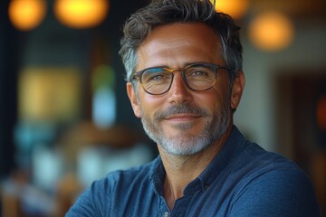 Fototapeta premium Portrait of a businessman man with glasses in a dark shirt. Business, businessmen, partners, work