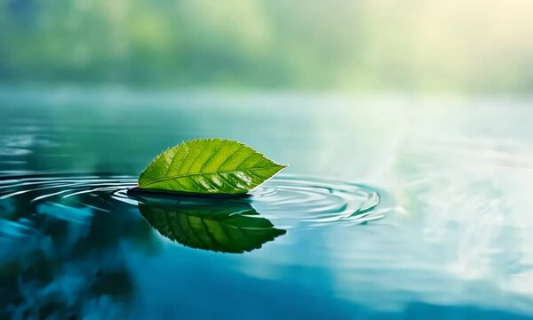 Single green leaf floating on calm lake or river waters
