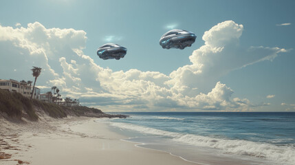 Futuristic Flying Cars Over Beach Paradise: Sci-Fi Coastal Scene