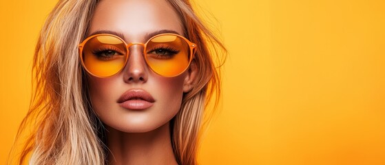 Fototapeta premium A woman with long blonde hair wearing orange sunglasses
