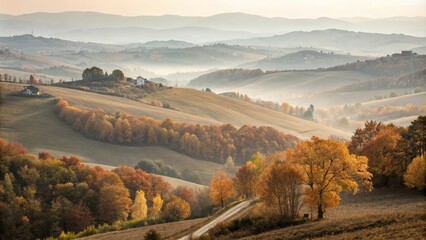 Soft focus autumnal hills with watercolor light brown dust, autumn hills, countryside, hilltop landscape, dusty terrain