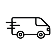 Simple delivery van icon with motion lines, Black and white outline of a delivery van with motion lines, representing fast shipping, transportation, and logistics services.

