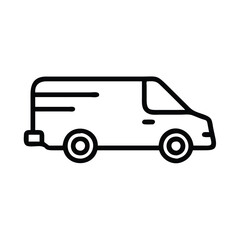 Basic delivery truck icon in black outline, Minimalistic black outline of a delivery truck, symbolizing transportation, shipping, and logistics services in a simple design.
