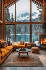 Fototapeta premium Cozy cabin interior with a view of a snowy landscape through large windows, featuring a warm fireplace and comfortable seating.