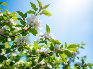 Softly blooming apple blossoms on a lush green tree against a clear blue sky with gentle spring sunbeams filtering through the leaves, flower blossoms, delicate flowers