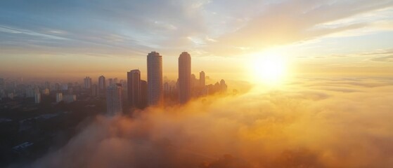 Fototapeta premium A view of a city in the clouds at sunset
