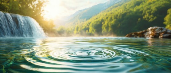 A waterfall in the middle of a lake surrounded by trees