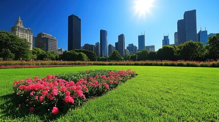 Scenic Urban Skyline with Vibrant Flower Garden