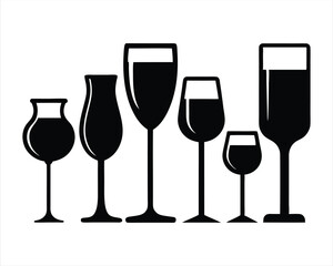 Black Silhouette of Different Filled Wine Glasses Icon Set, Perfect for Wine Tasting, Bar Designs, Beverage Menus, and Culinary Themed Projects. Vector Illustration.