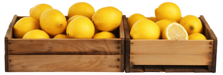 Two wooden crates filled with bright yellow lemons, brown interior, gray background. Lemons arranged within crates, on top. Crates provide contrast to lemons, simple background highlights fruit