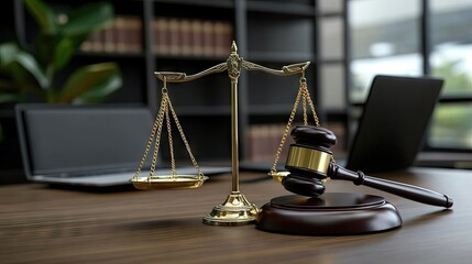 Scales of Justice and Gavel on Desk