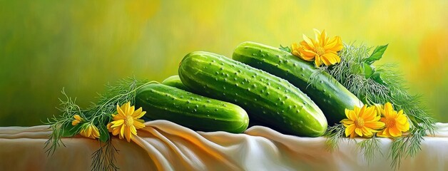 Fresh pickled cucumbers on a rustic table surrounded by vibrant dill and yellow flowers in natural light