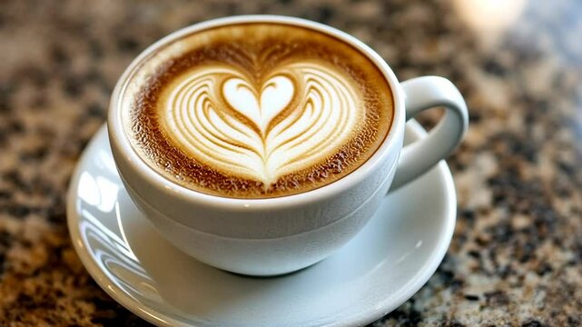 A latte with a heart design sits on a saucer on a granite countertop