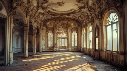 Fototapeta premium Inside the palace of abandoned magnificent castle. Victorian Ballroom. Illustration