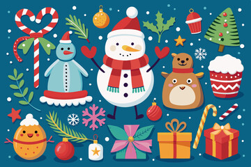 Hand-drawn Christmas Illustration Set with Santa, Reindeer, Snowmen, and Holiday Icons