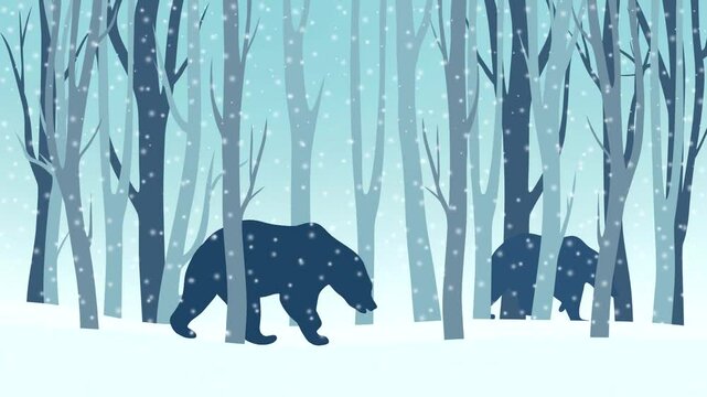 Beautiful winter landscape with bears walking in the forest (animation, seamless loop)