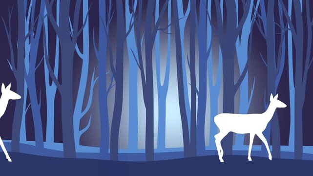 Beautiful night landscape with forest and walking roe deer (animation, seamless loop)