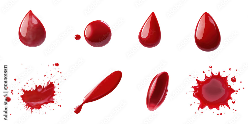 Poster collection of 8 red blood droplets scattered on gray background. red drops vary in size, position, c