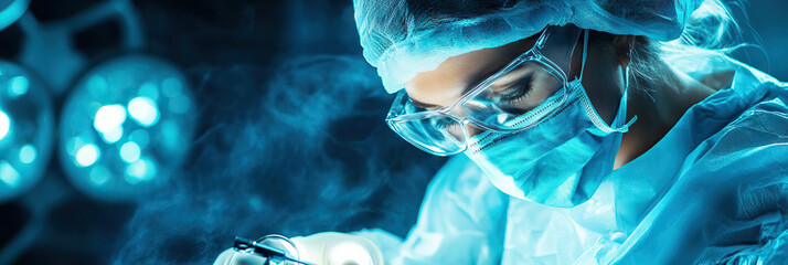 Female surgeon performing a complex operation in a sterile environment