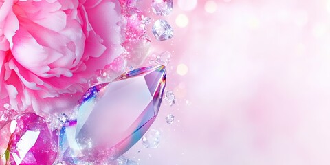 Elegant pink floral and crystal composition with soft bokeh effect