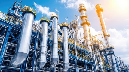 Fototapeta premium Modern Industrial Plant with Steel Pipes and Blue Sky