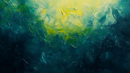 Obraz premium Abstract background with green and yellow tones, dark blue tones, in the style of oil painting with visible brushstrokes with soft light, mysterious atmosphere, blurred edges, rich details, cool tone.