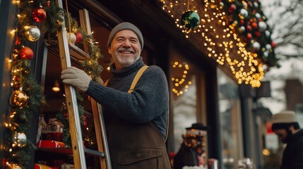 A middle-aged Smiling caucasian man cafe owner stands on a ladder, hanging Christmas lights around the large front window of the coffee shop. he decorates with festive garlands a holiday atmosphere
