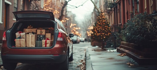 Naklejka premium An open car trunk filled with wrapped Christmas presents, parked in front of a cozy house in welcoming suburban neighbourhood, a decorated new year snow street. holiday gift-giving winter celebration