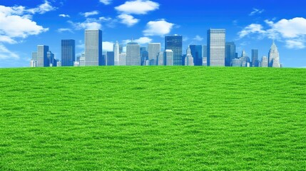 Obraz premium Green Field with Skyline Under Bright Blue Sky