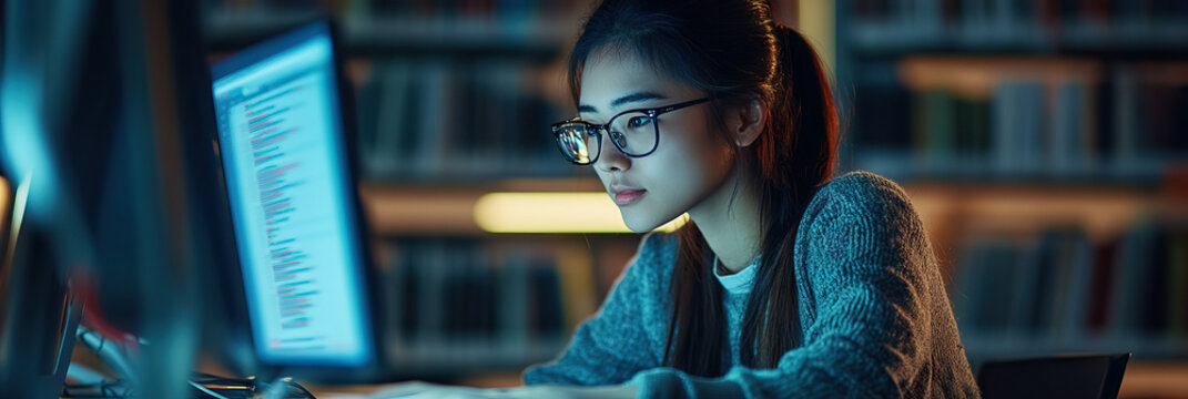 Young Asian student studying coding in a library