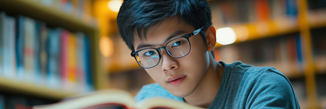 Young Asian student studying coding in a library