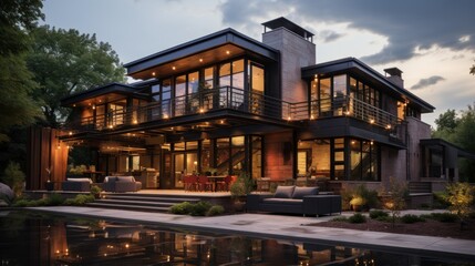 Obraz premium Modern house with large windows and outdoor seating, surrounded by greenery and a pool.