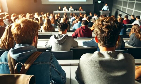 Students in a university or college studying listening to the lecturer in light modern audience