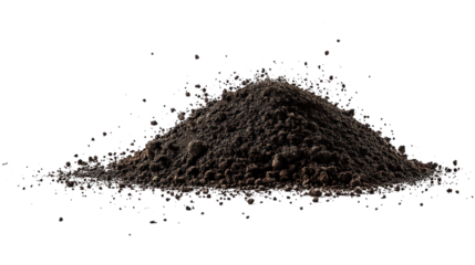 Close-up of dark brown soil pile with varied sizes and shapes creating depth and texture. Soil stands out on light gray background. No text or objects visible. Transparent isolated alpha mask.