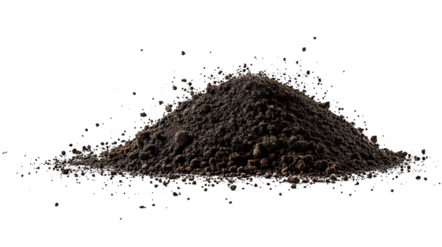 Close-up of dark brown soil pile with varied sizes and shapes creating depth and texture. Soil stands out on light gray background. No text or objects visible. Transparent isolated alpha mask.