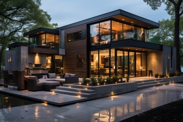Obraz premium Modern two-story house with large glass windows and outdoor seating, illuminated at dusk.