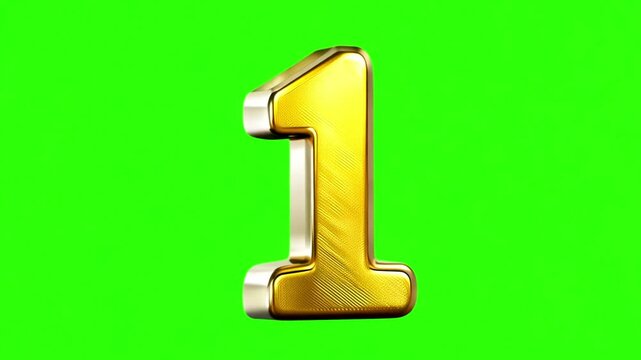 Golden number one on green screen background. Number 1. Birthday And Anniversary Celebration gold number with Green Background Loop Animation. Chroma key