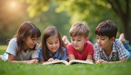 A group of joyful children are comfortably laying on the soft grass while deeply engrossed in reading a captivating book together outdoors