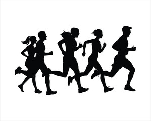 Black Silhouette of Men and Women Running - Perfect for Fitness, Sports, and Active Lifestyle Designs