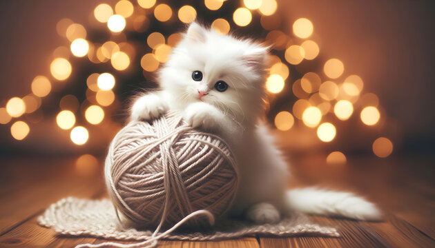 Gato esponjoso blanco jugando con madeja de lana fondo bokeh