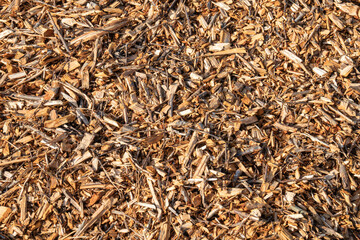 Biomass woodchip wooden background of mulching wood chips.