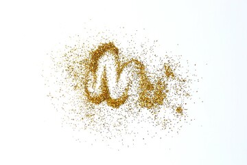 Golden confetti on color background, top view