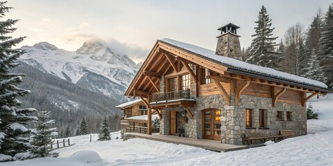 Fototapeta premium Cozy mountain chalet with stone fireplace and wooden beams surrounded by snow-covered trees and mountains, snow covered trees, warm lighting, cozy cabin, natural beauty