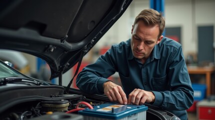 Mechanic inspecting battery terminals on a vehicle, focused expression, tools and car parts in the background, practical garage environment, dynamic automotive scene
