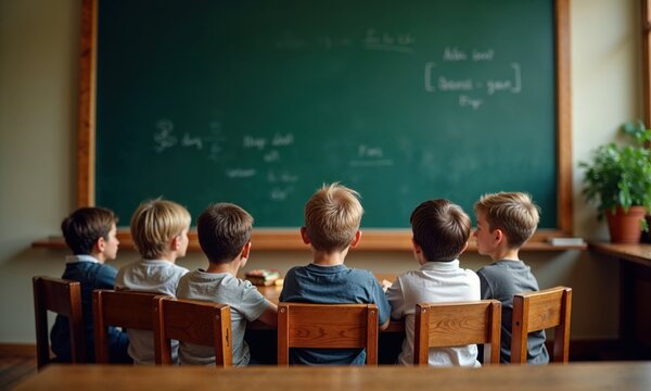 A diverse group of young boys are sitting together in front of a large blackboard in a classroom setting, fully engaged in learning