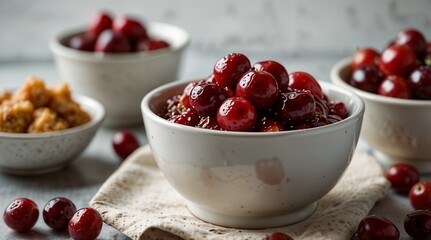 jam cherries in a bowl, accompanied by dessert on a cloth napkin
