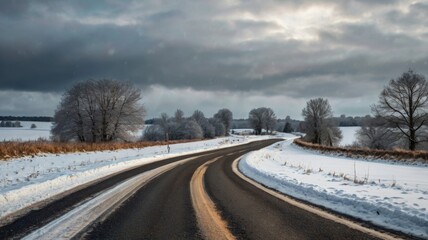 Obraz premium Winding asphalt road covered with snow through winter landscape