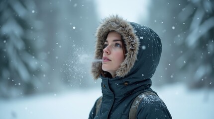 Person wearing a winter jacket outdoors in a snowy landscape, snowfall, hood up, frosty breath, warm clothing, snow-covered trees in the background, dynamic nature scene